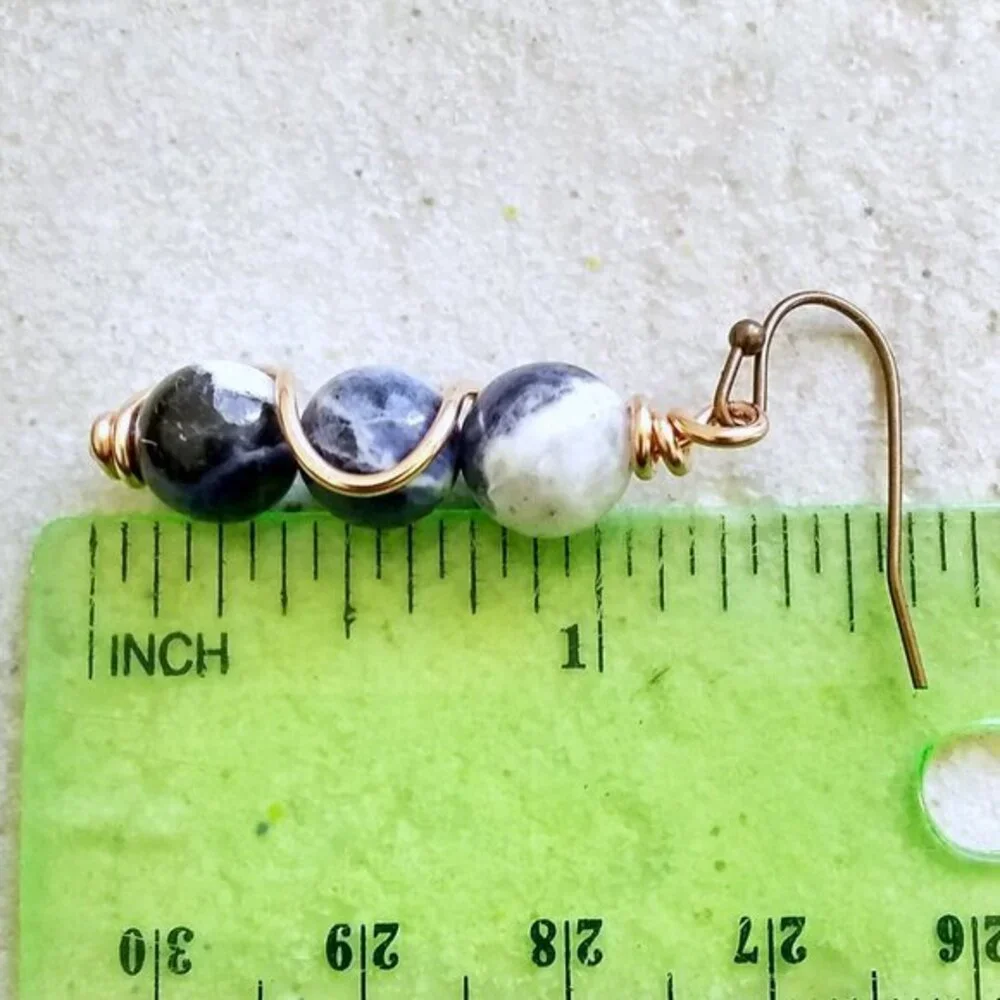 Handmade! Blue Sodalite w. Copper Wire Wave Wrap Dangle Earrings 4 Jeans Lovers